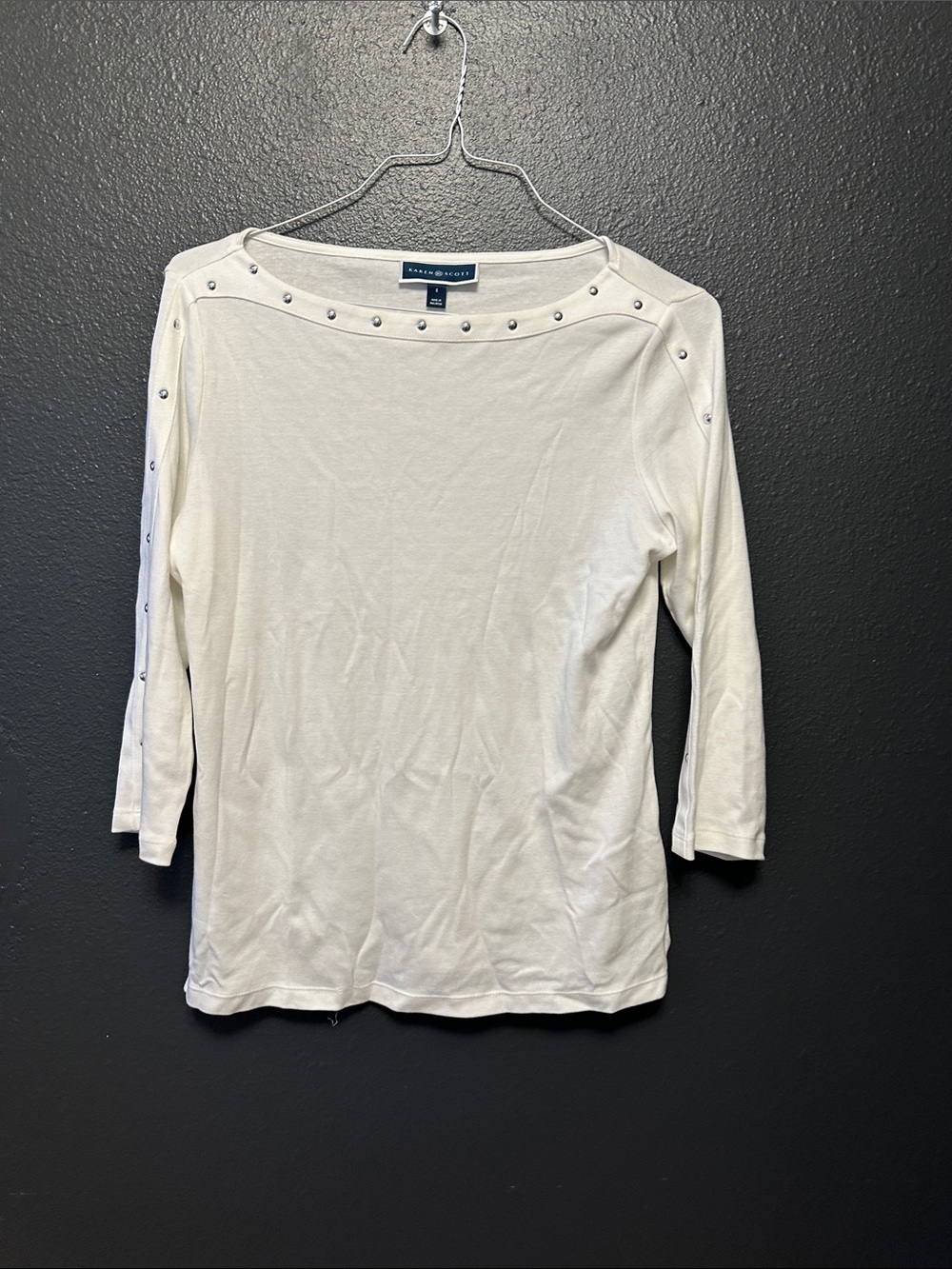 Talbots Cream Boatneck Long Sleeve Top with Stud Accents